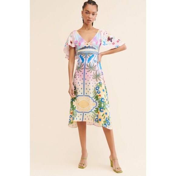 NWT Oceanus Camille Satin Midi Dress Colorful Tropical Floral Small - Picture 15 of 16